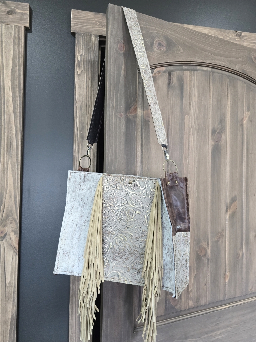 Fringed Tooled Leather Tote Bag in Cream and Brown
